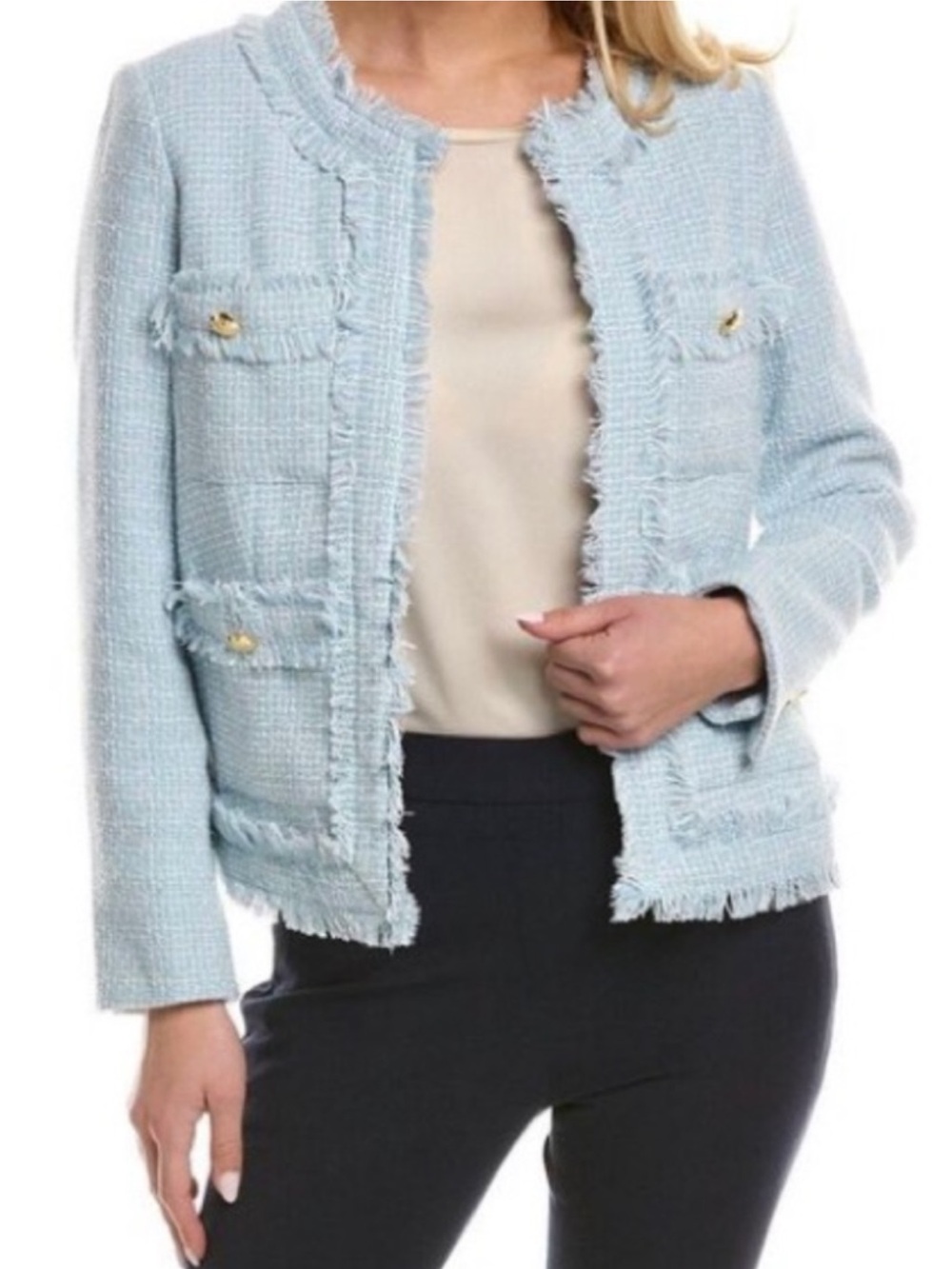 Nanette Lepore Light Blue Tweed Fringe Jacket Pearl Buttons Women’s XL NWT